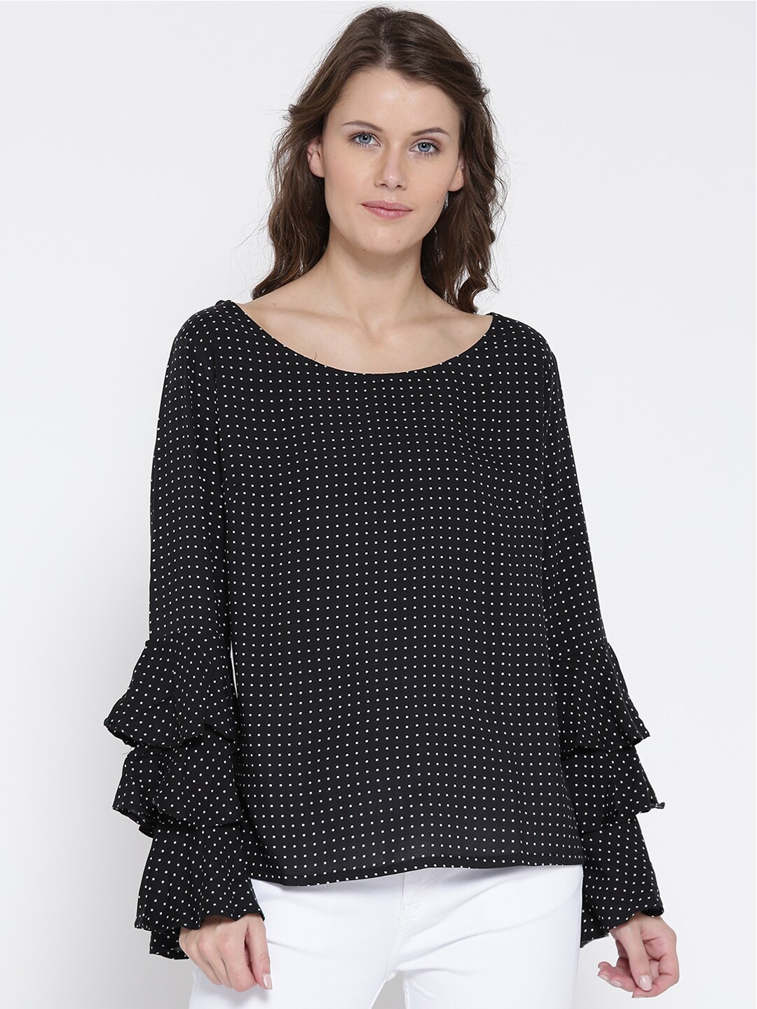 

Sera Boat Neck Long Sleeves Polka Dots Printed Top, Black