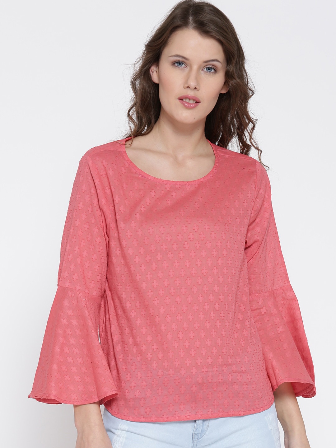 

Sera Self Design Bell Sleeve Pure Cotton Top, Coral