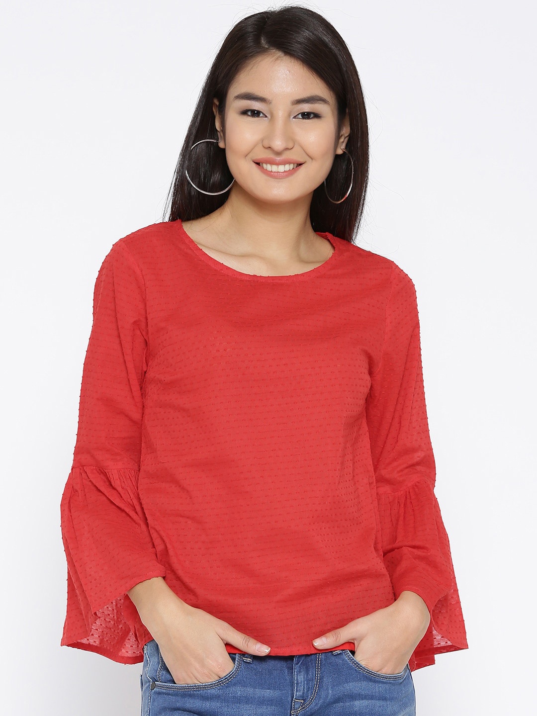 

Sera Self Design Bell Sleeve Top, Red