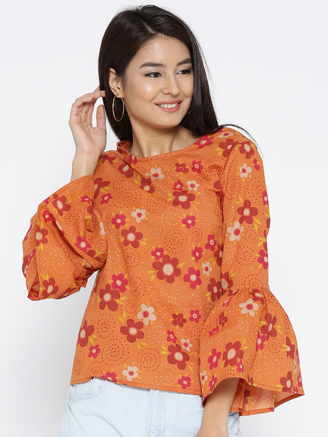 

Sera Round Neck Bell Sleeves Floral Printed Top, Orange