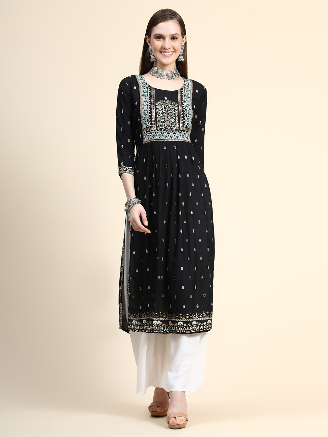 

AVANSHEE Women Plus Size Ethnic Motifs Printed Mirror Work A-Line Kurta, Black