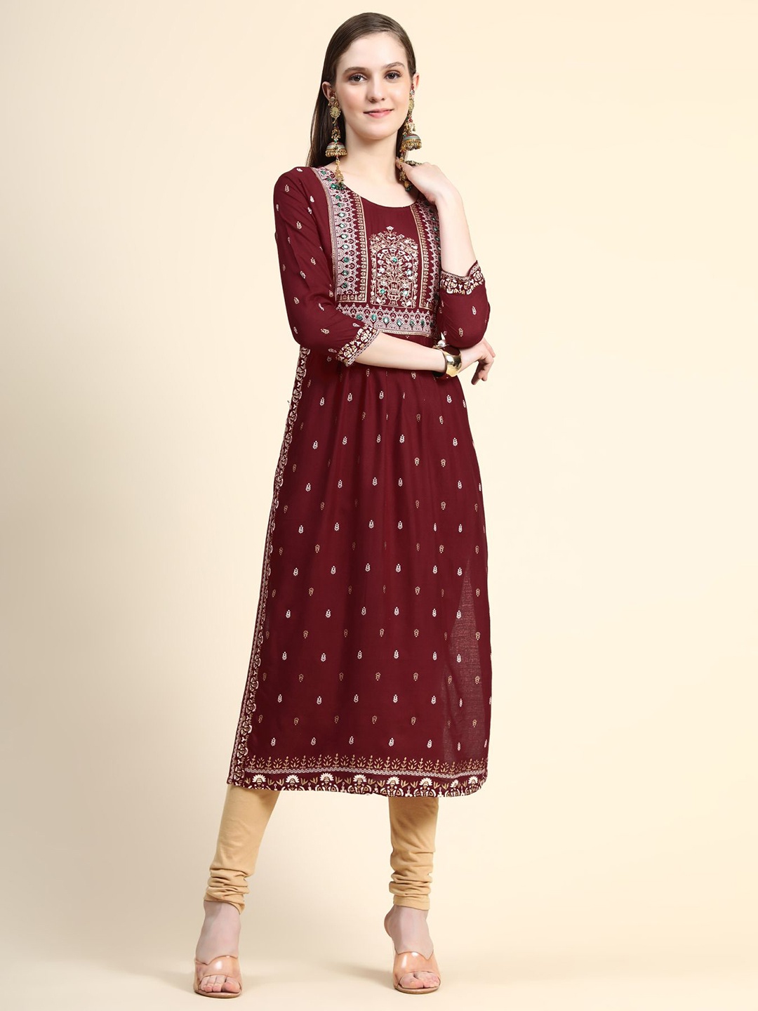 

AVANSHEE Women Plus Size Ethnic Motifs Printed Mirror Work A-Line Kurta, Maroon