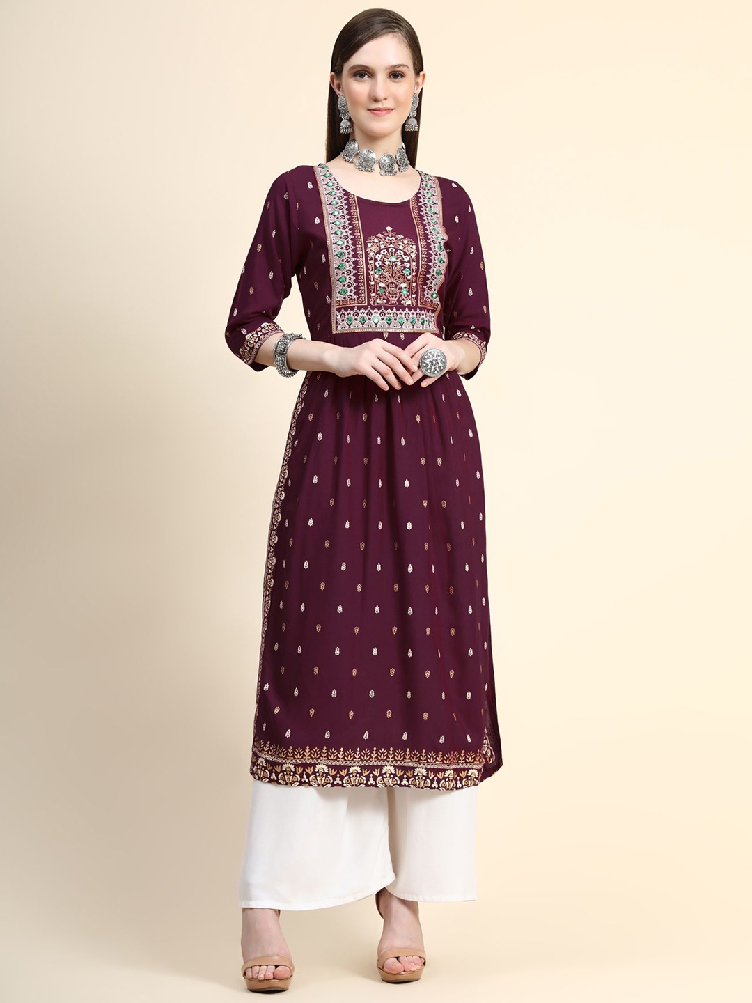 

AVANSHEE Ethnic Motifs Printed A-Line Kurta, Maroon