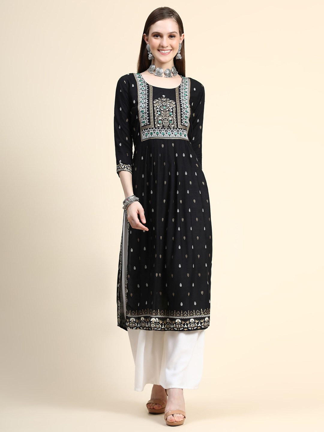 

AVANSHEE Ethnic Motifs Printed Mirror Work A-line Kurta, Black