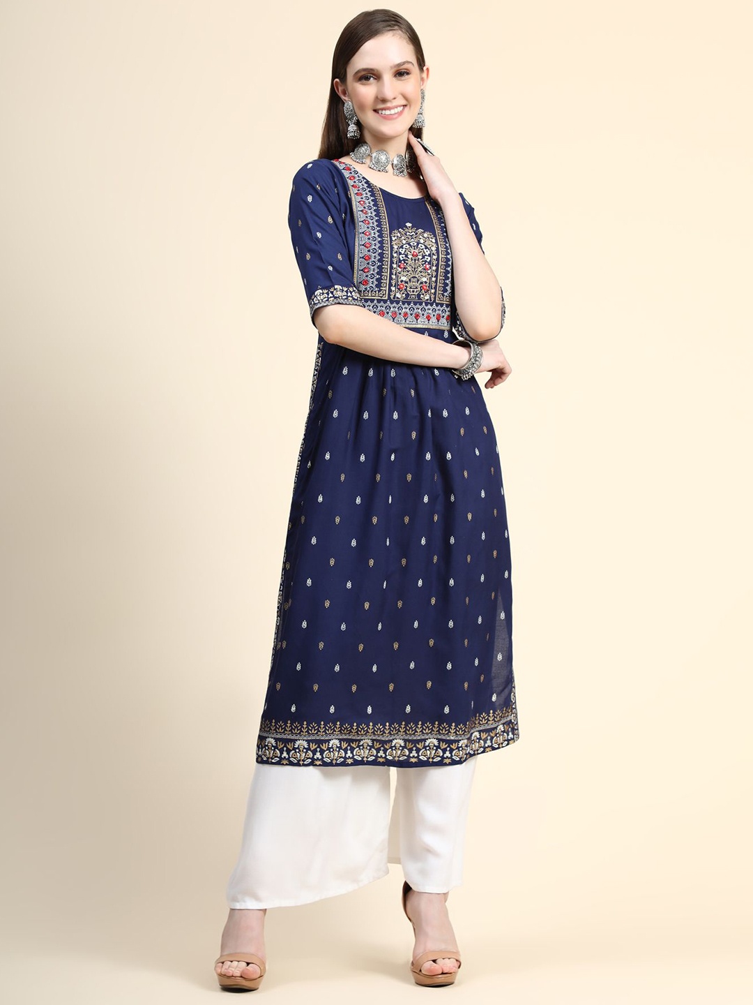 

AVANSHEE Ethnic Motifs Printed Mirror Work A-line Kurta, Navy blue
