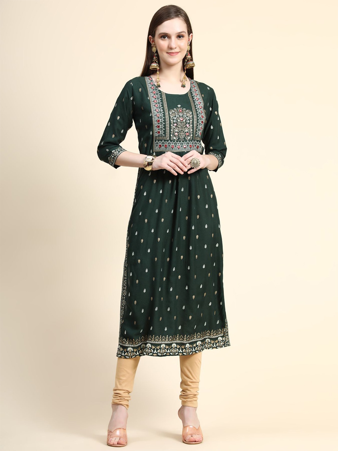 

AVANSHEE Women Plus Size Ethnic Motifs Printed Mirror Work A-Line Kurta, Green