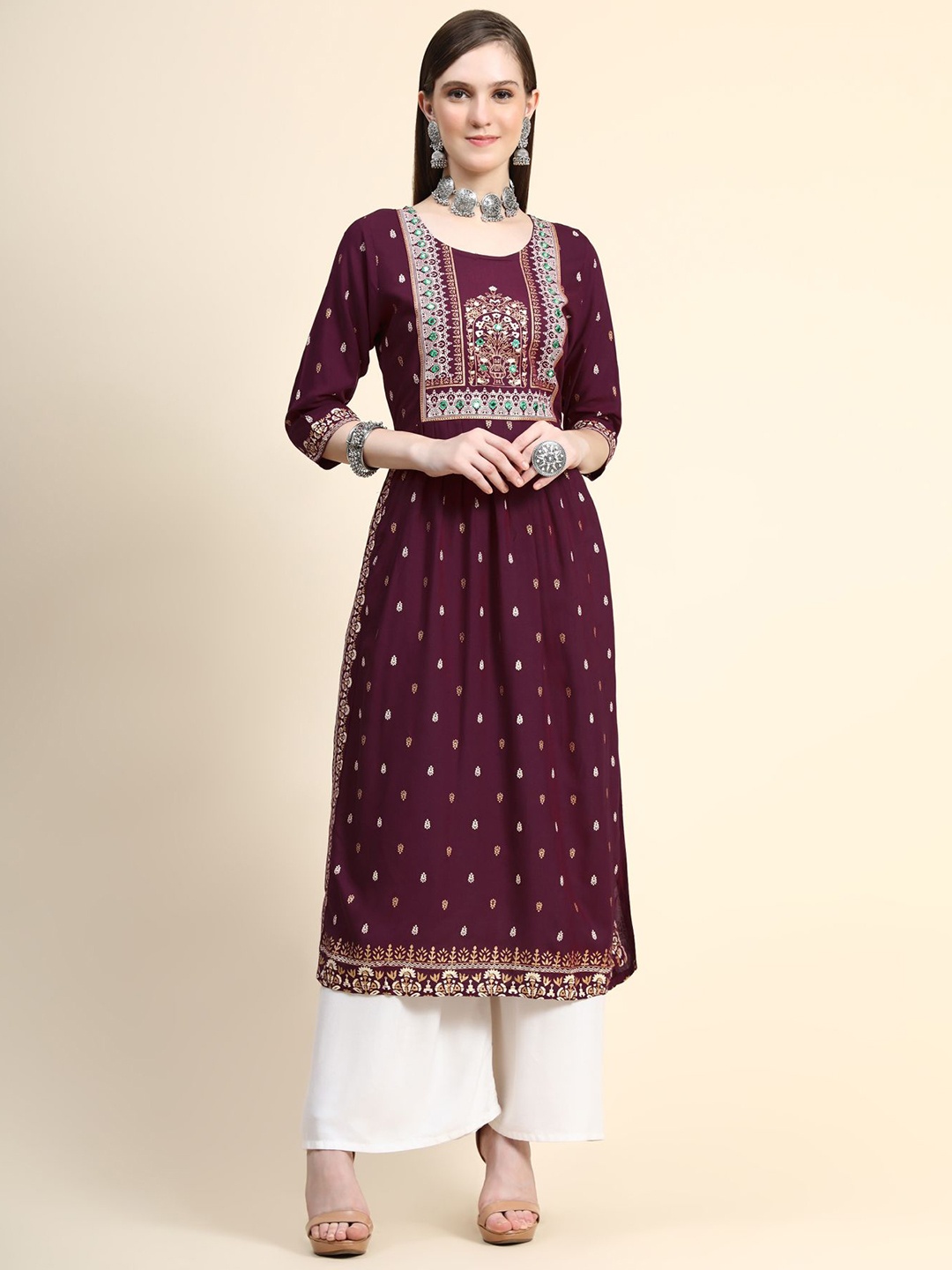 

AVANSHEE Ethnic Motifs Printed A-Line Kurta, Maroon