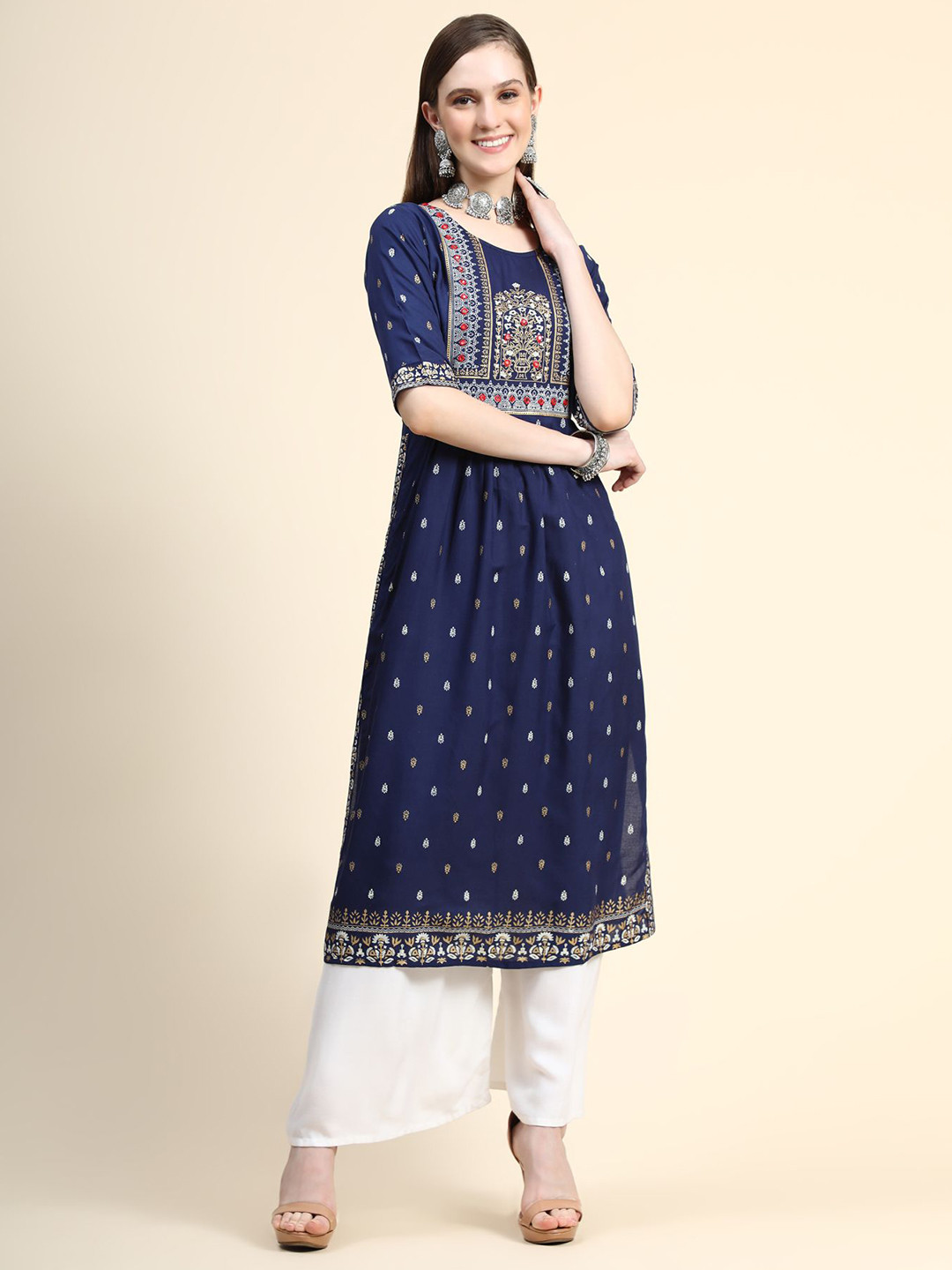 

AVANSHEE Ethnic Motifs Printed Mirror Work A-Line Kurta, Navy blue