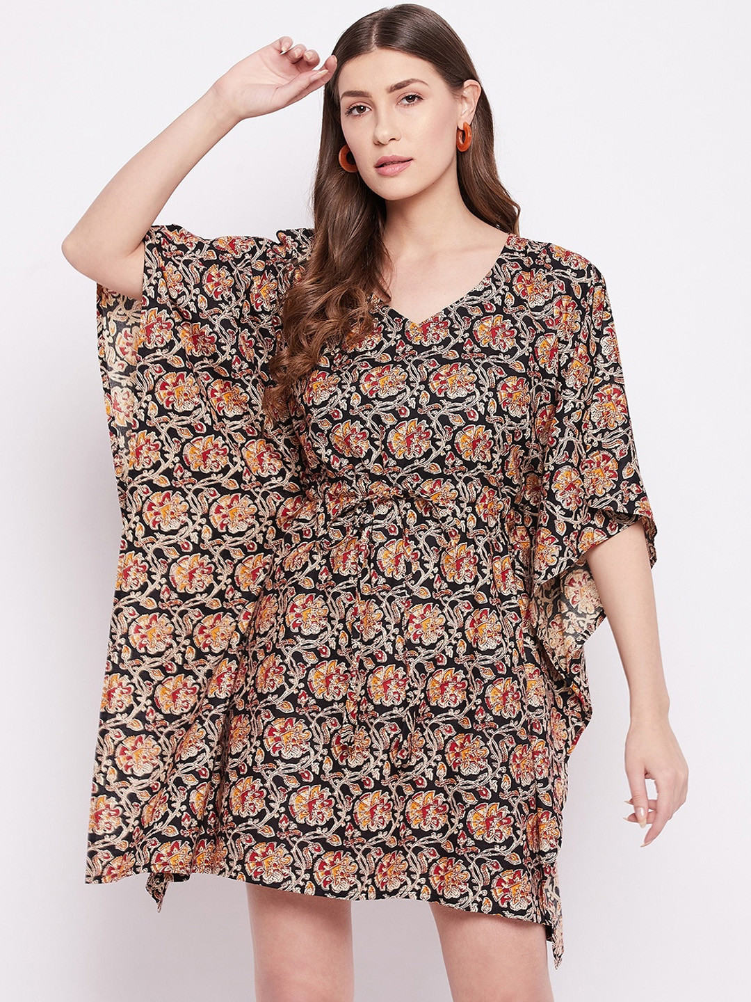 

TULIP 21 Floral Printed Flared Sleeves Kaftan Cotton Dress, Black