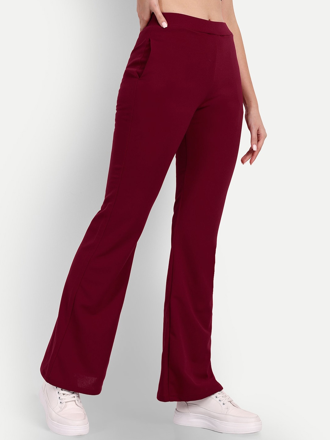 

BROADSTAR Women Relaxed Flared High-Rise Non Iron Bootcut Trousers, Maroon