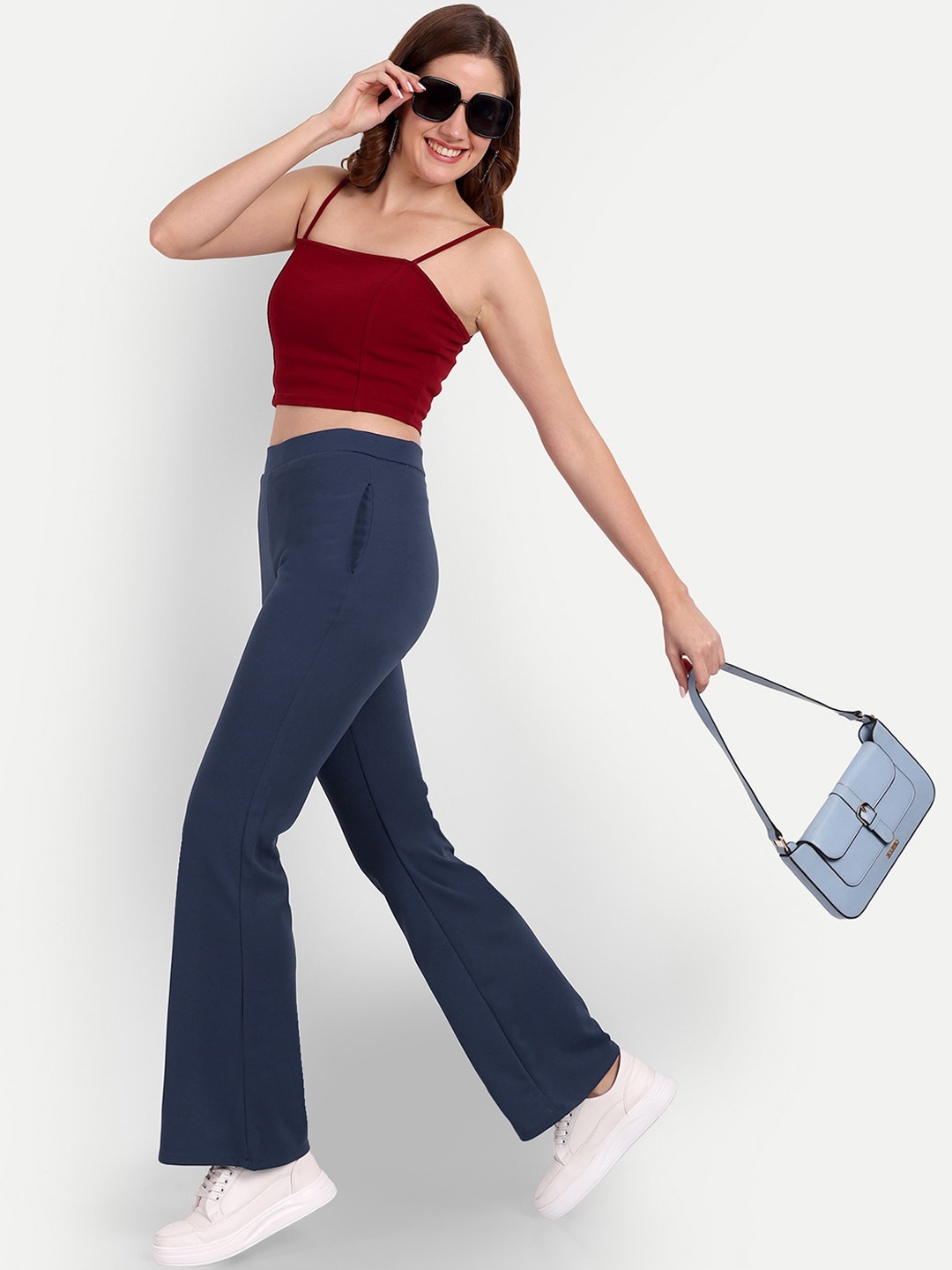 

BROADSTAR Women Relaxed Flared High-Rise Non Iron Trousers, Navy blue