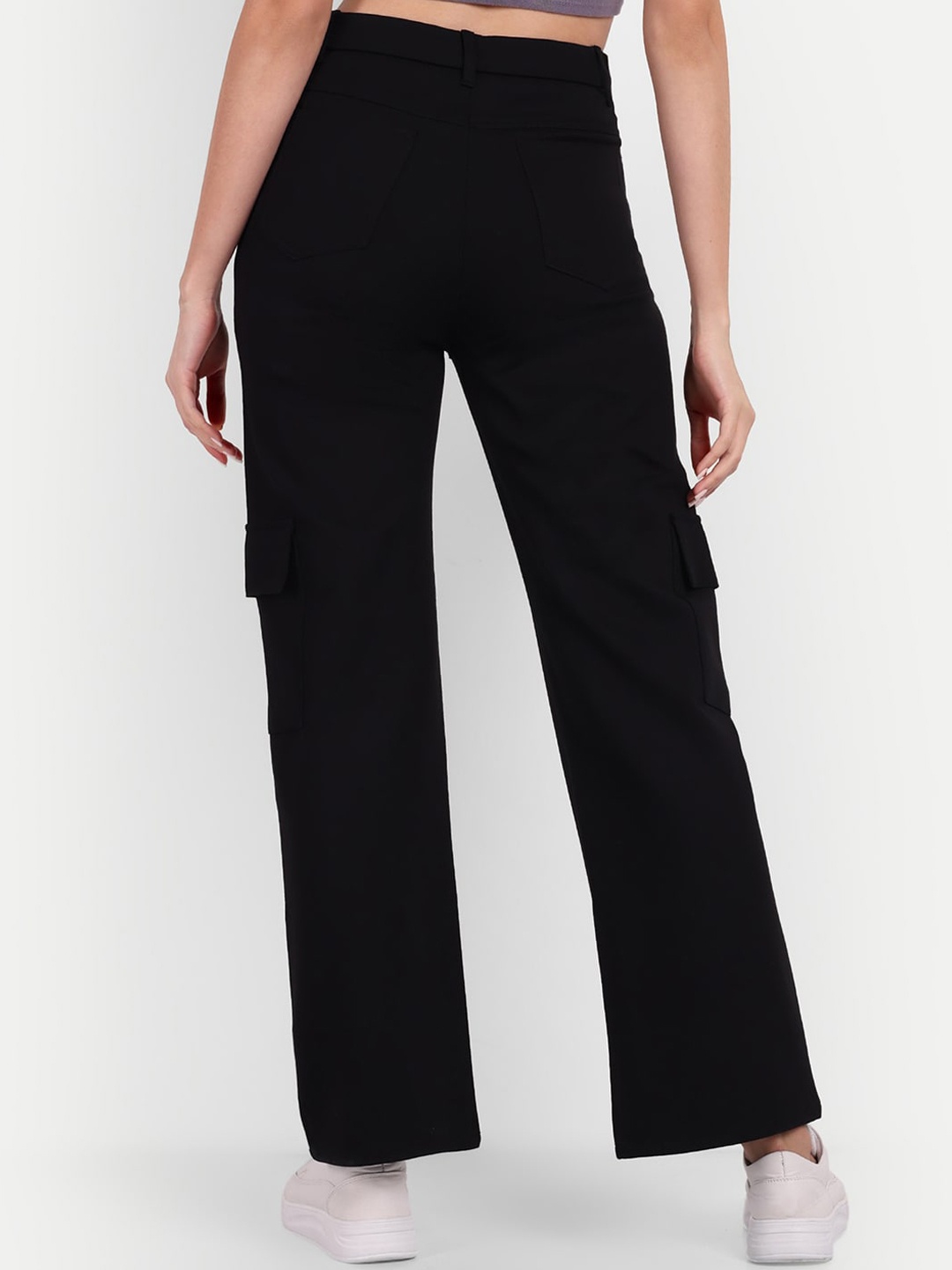 

BROADSTAR Women Smart Loose Fit High-Rise Easy Wash Cargos Trousers, Black