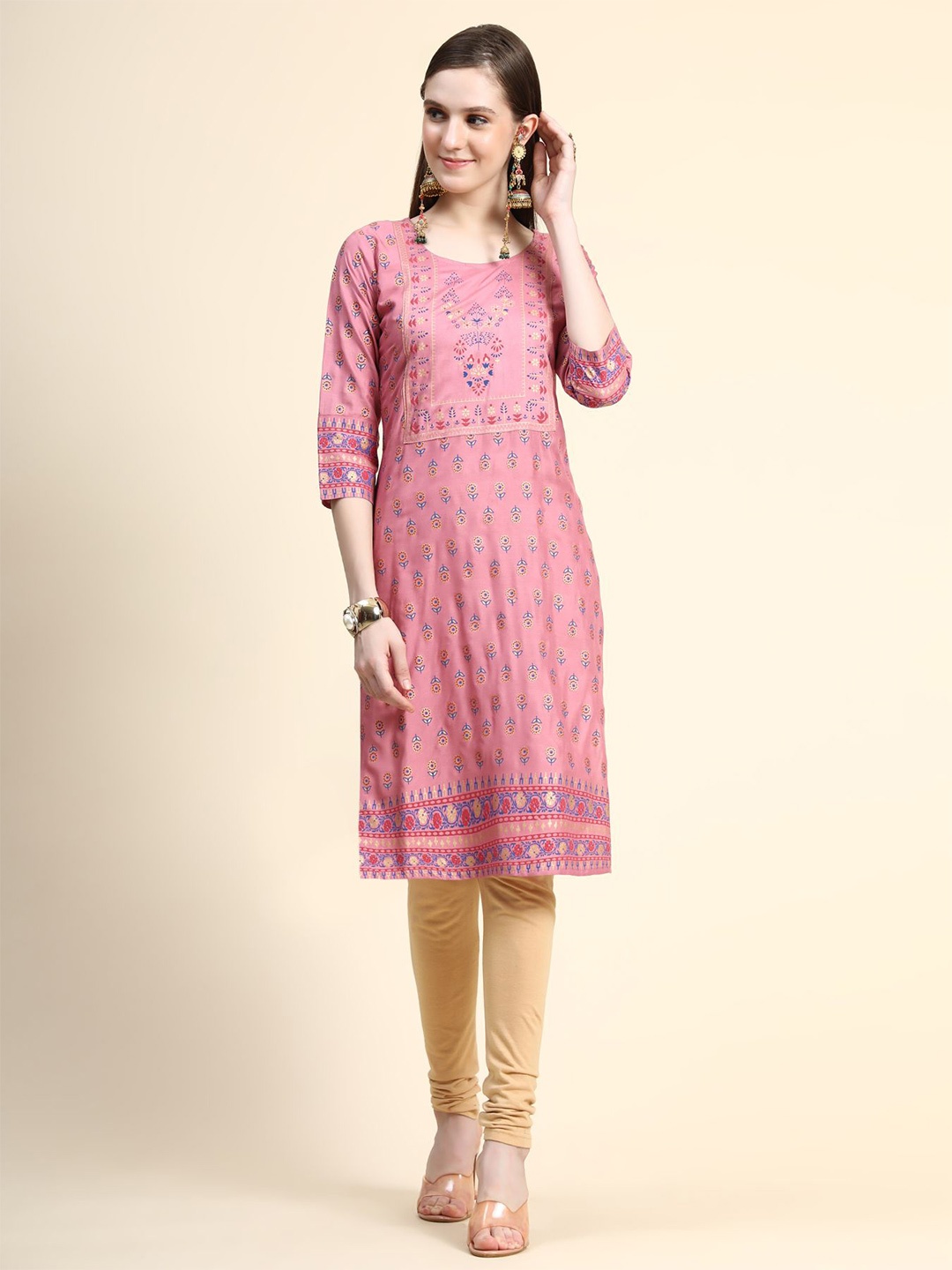 

AVANSHEE Ethnic Motifs Printed A-Line Kurta, Pink