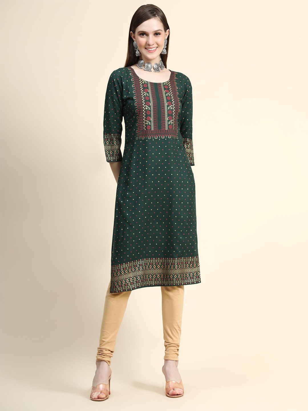 

AVANSHEE Ethnic Motifs Printed Straight Kurta, Green
