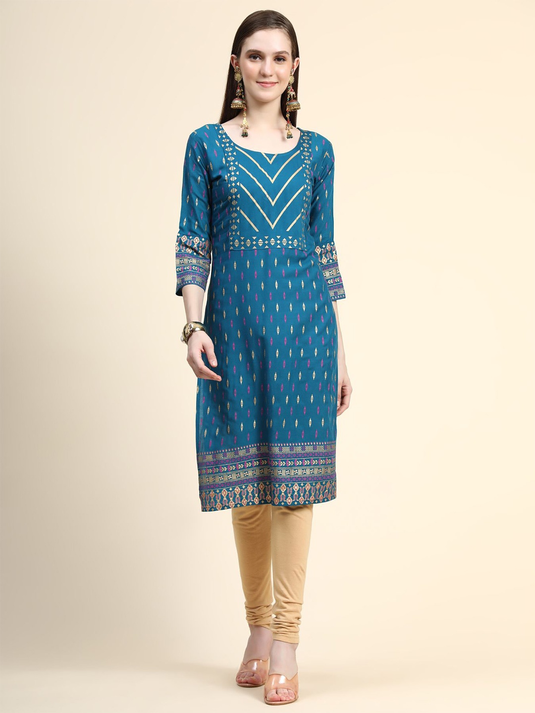 

AVANSHEE Printed Round Neck Straight Kurta, Teal