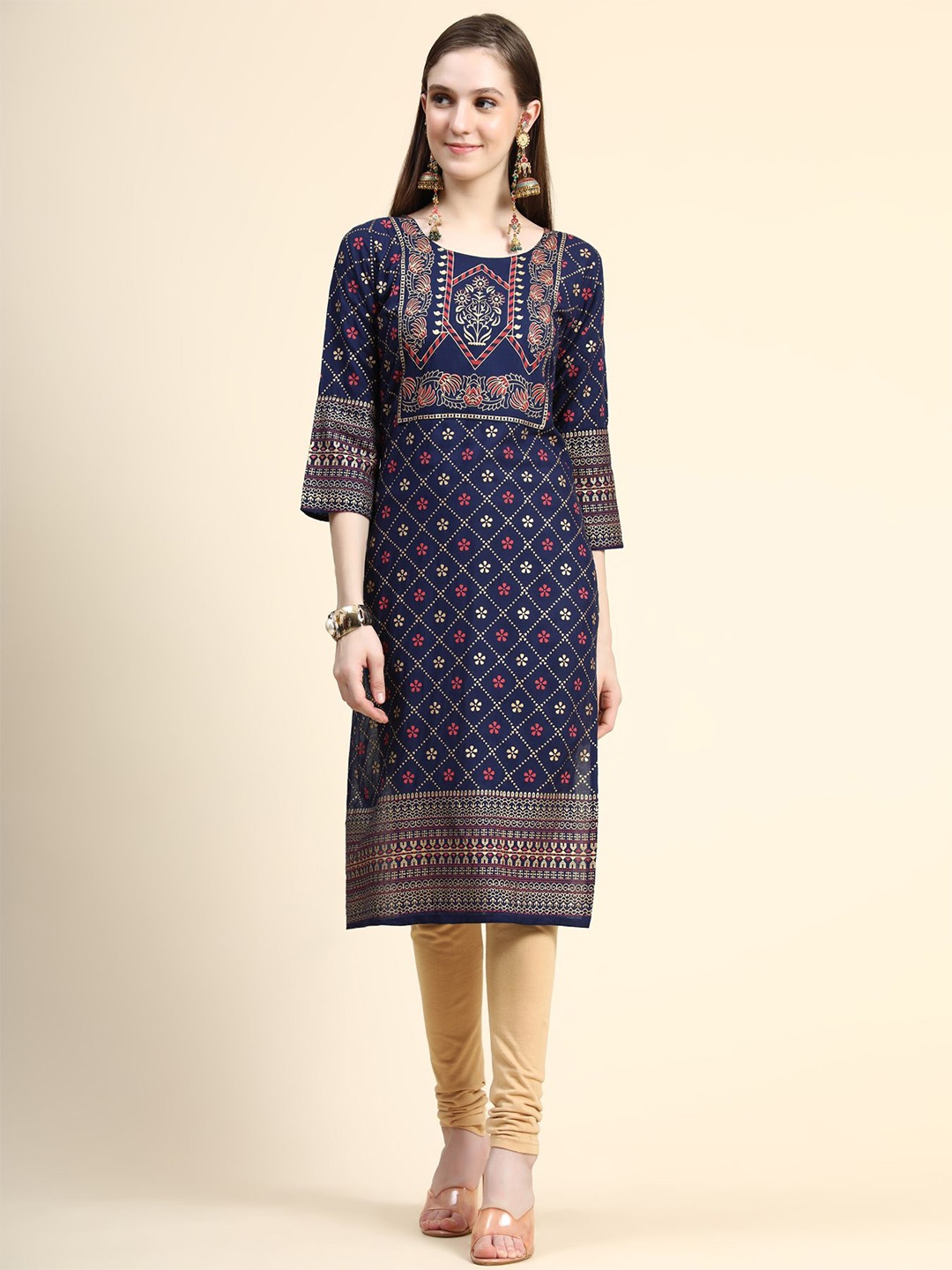 

AVANSHEE Ethnic Motifs Printed Rayon Straight Kurta, Navy blue