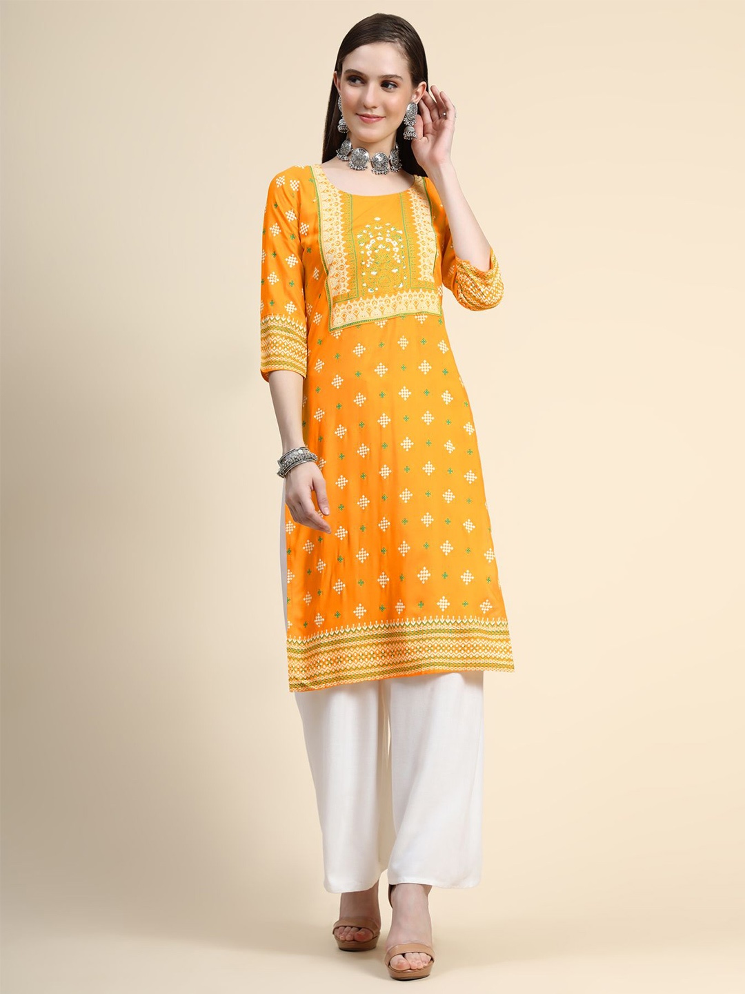 

AVANSHEE Ethnic Motifs Printed A-Line Kurta, Yellow