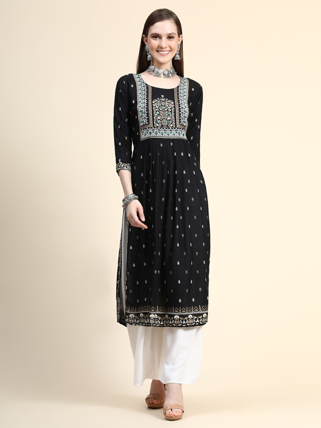 

AVANSHEE Women Ethnic Motifs Printed Mirror Work A-Line Kurta, Black