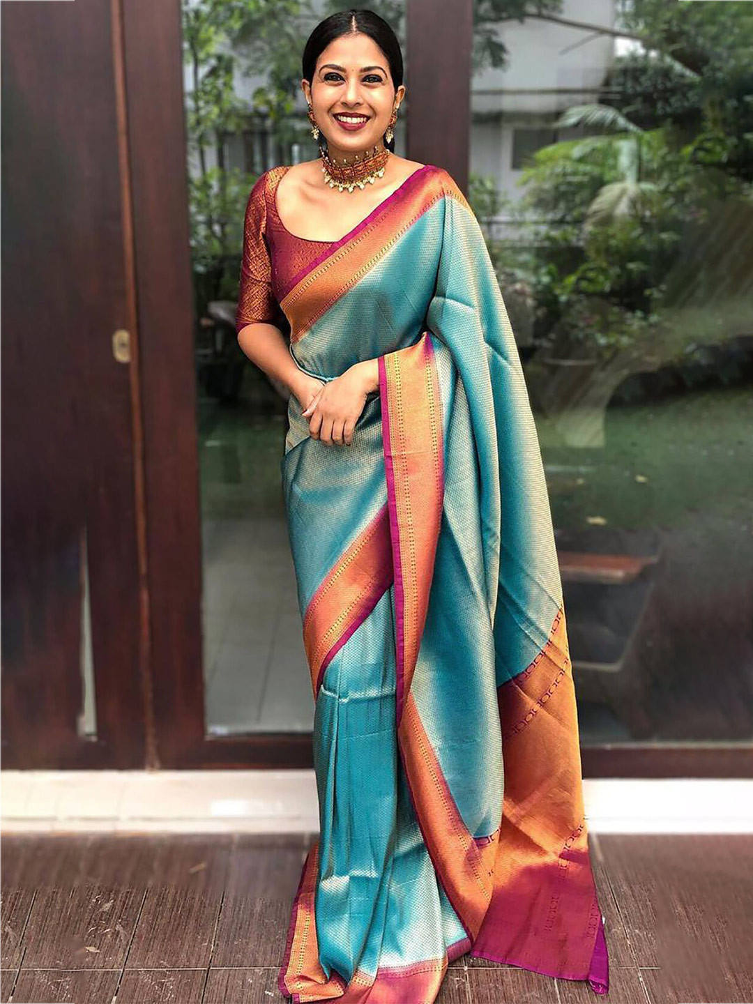 

Anjaneya Sarees Woven Design Zari Saree, Teal