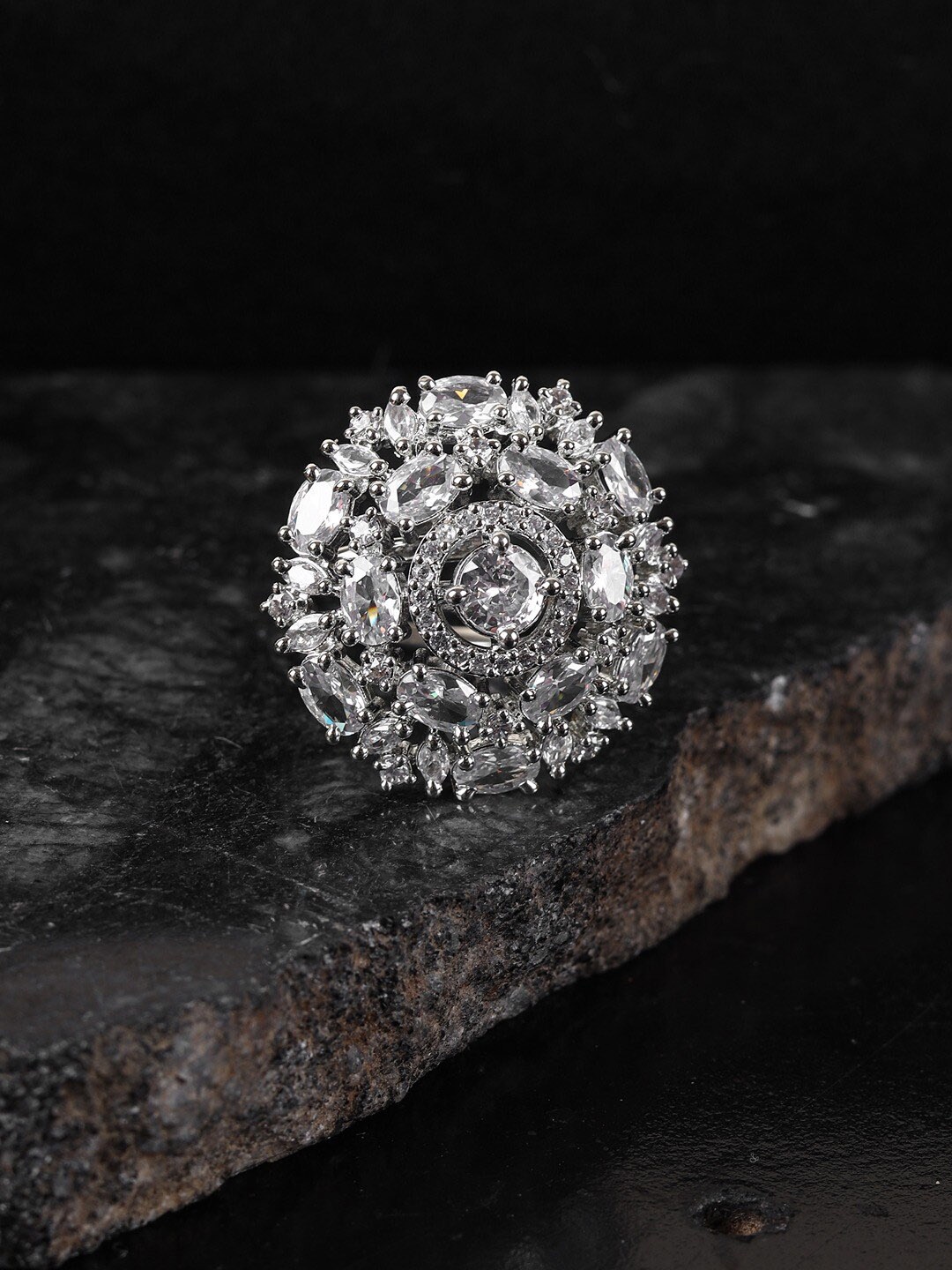 

SwaDev Silver-Plated AD Studded Adjustable Cocktail Finger Ring, White