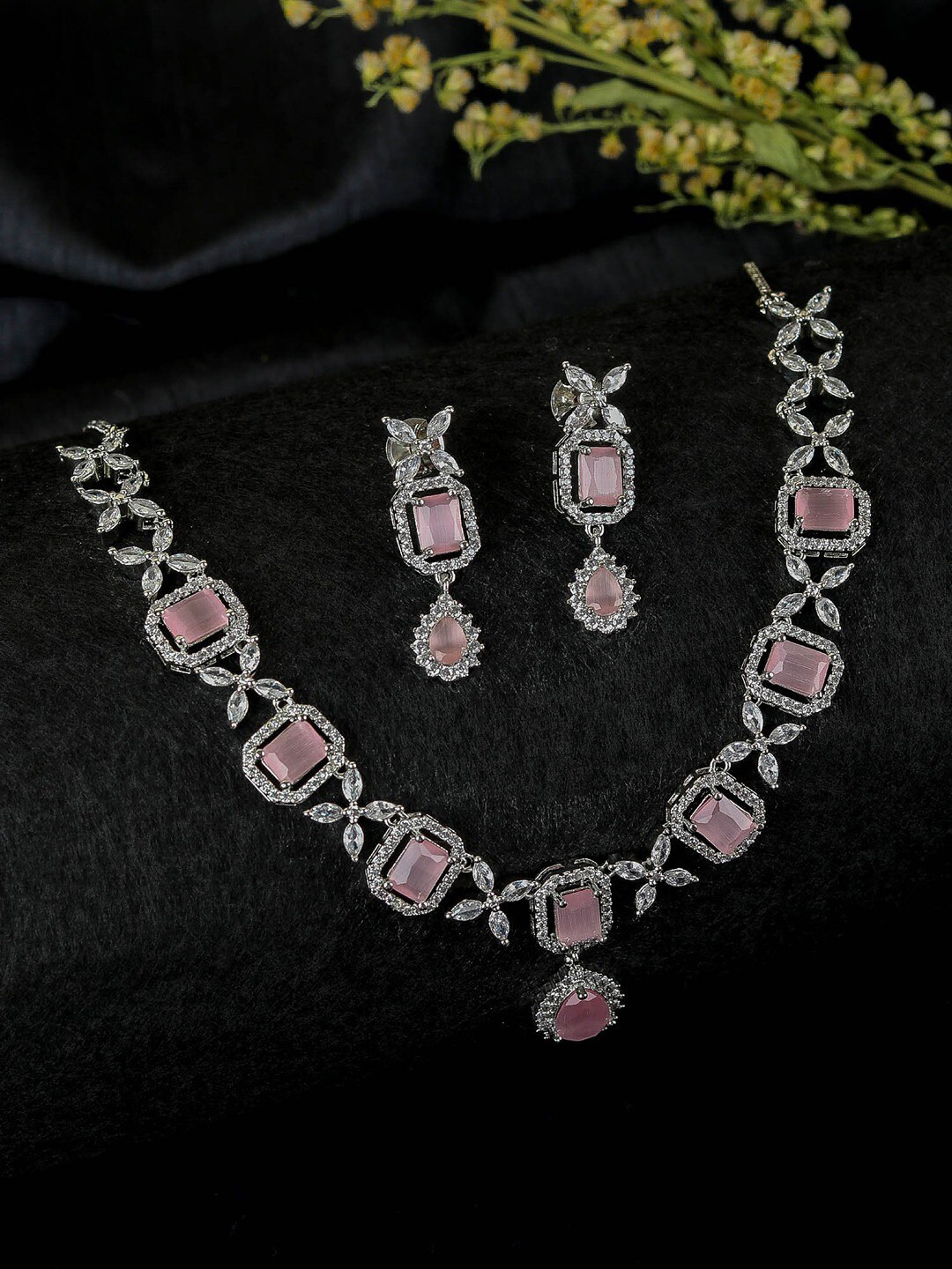 

SwaDev Women Silver-Plated AD Studded Necklace and Earrings, Pink