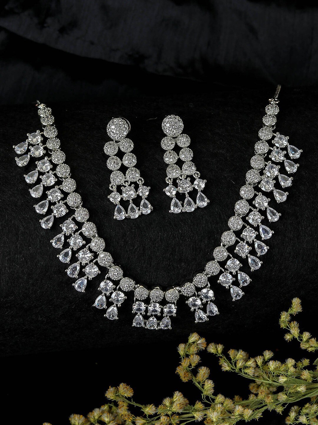 

SwaDev Women Silver-Plated AD-Studded Necklace and Earrings, White