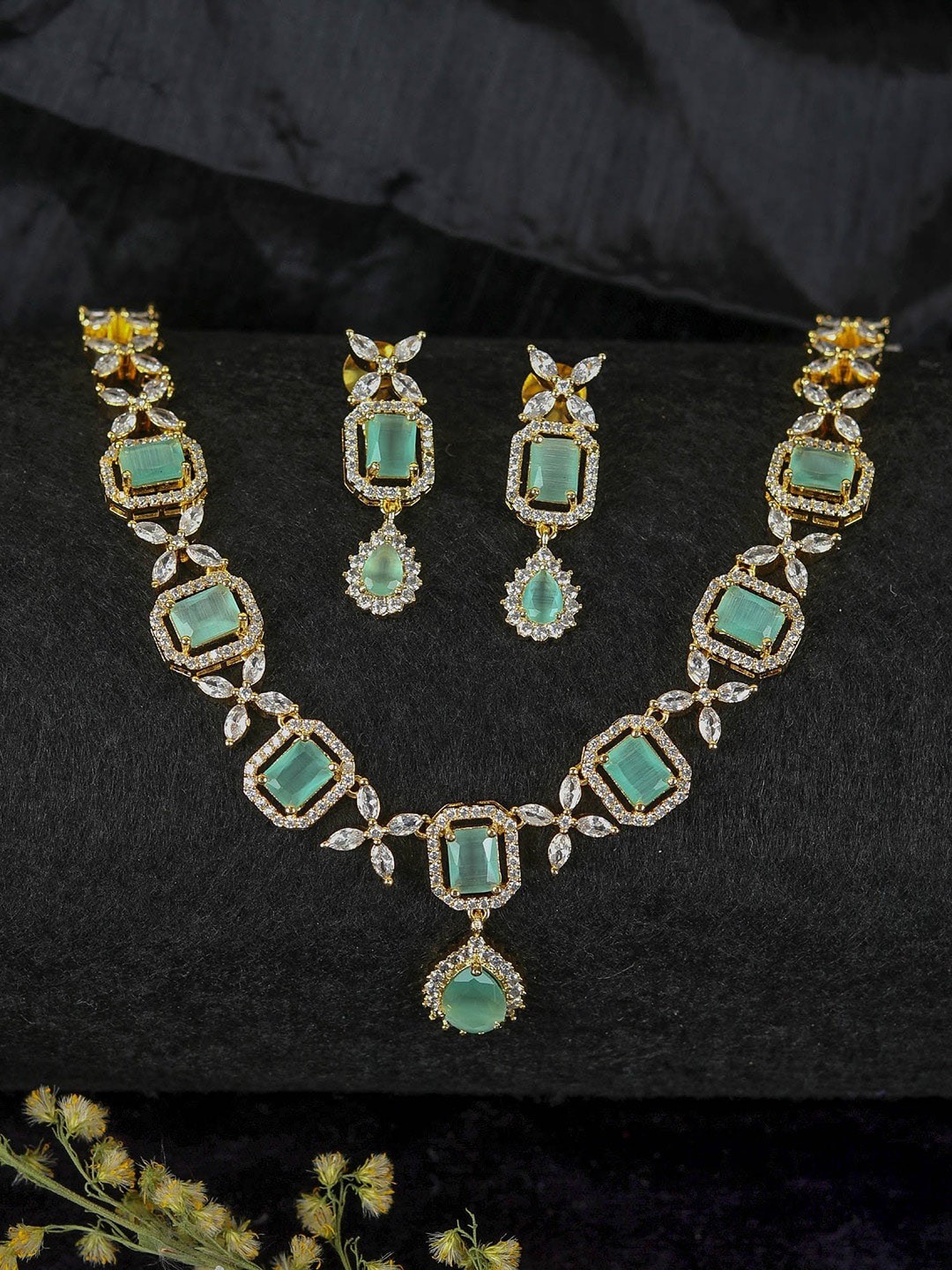 

SwaDev Women Gold-Plated AD-Studded Necklace and Earrings, Sea green