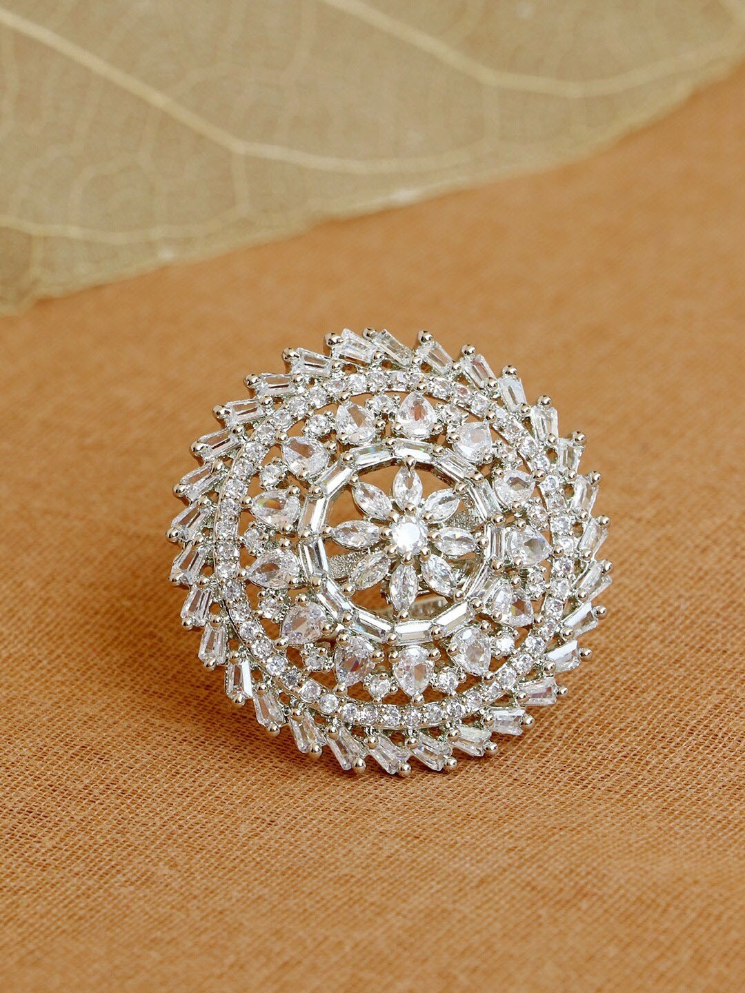 

SwaDev Silver-Plated AD Studded Adjustable Cocktail Finger Ring, White