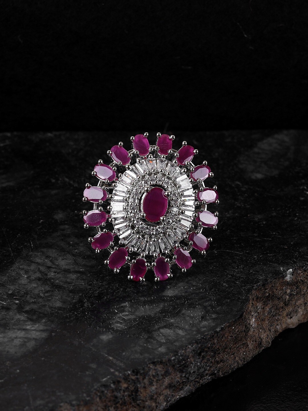 

SwaDev Sliver-Plated & AD Studded Cocktail Ring, Silver