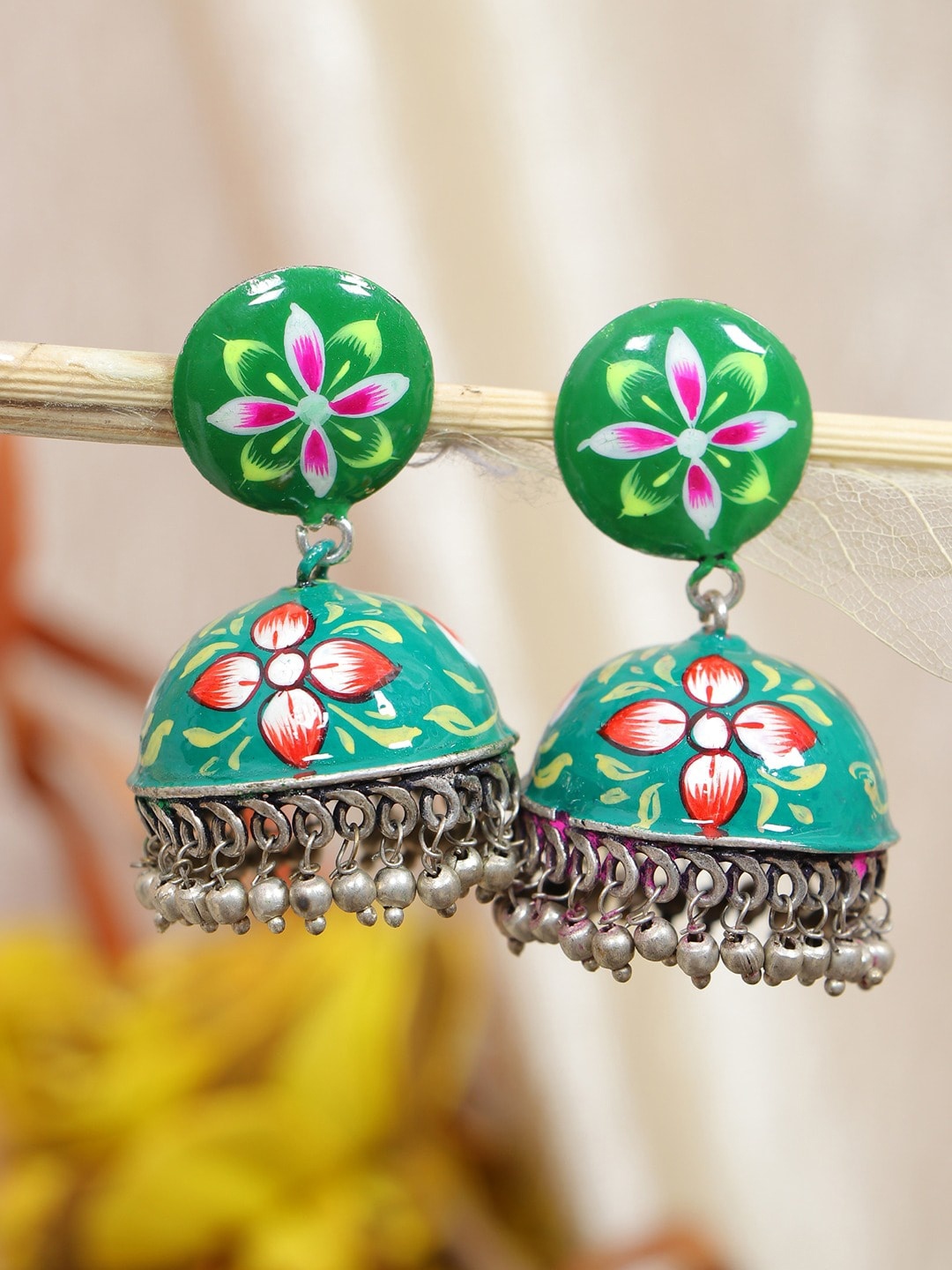 

SwaDev Silver Plated Dome Shaped Jhumkas Earrings, Green