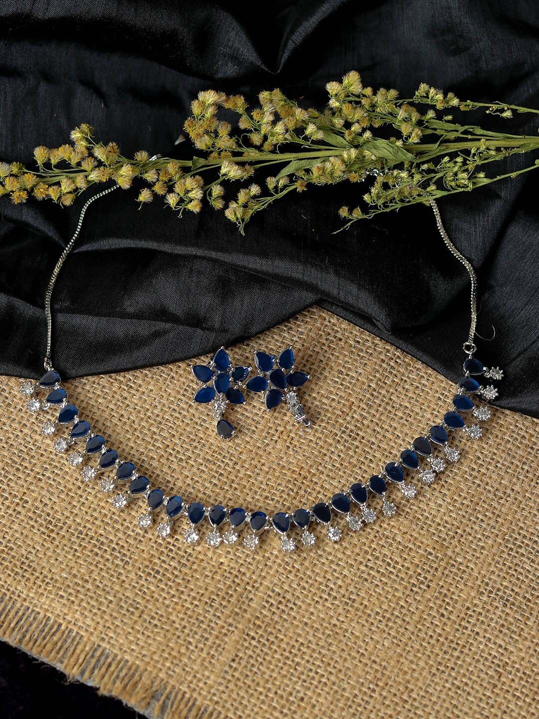 

SwaDev Women Silver-Plated AD-Studded Necklace and Earrings, Navy blue
