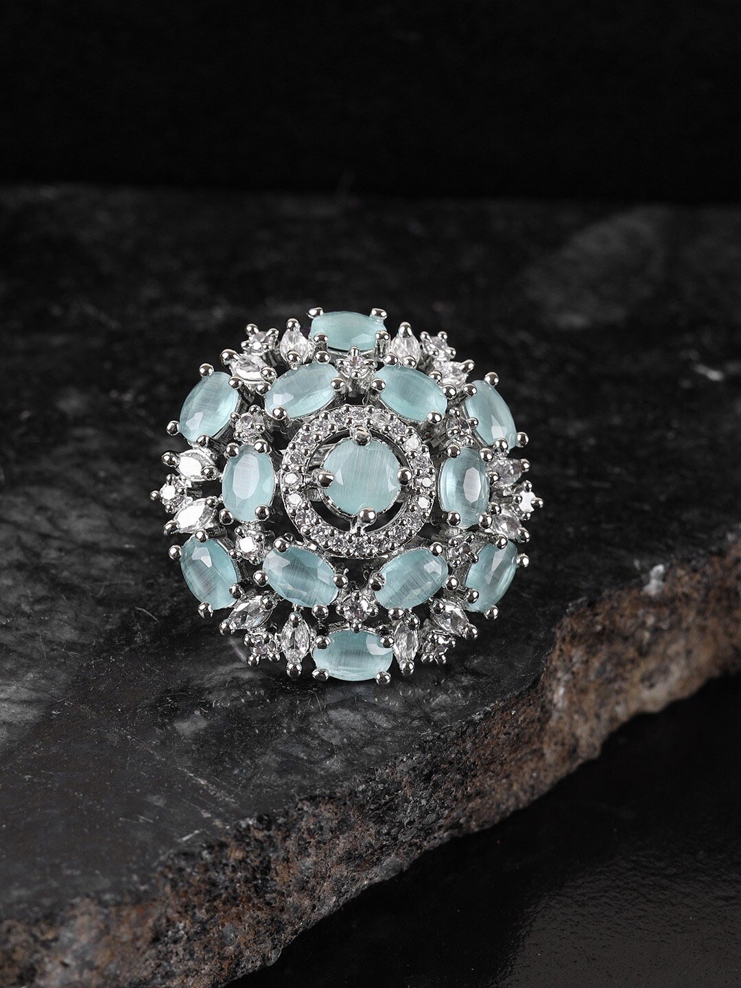 

SwaDev Silver-Plated AD Studded Adjustable Cocktail Finger Ring, Sea green