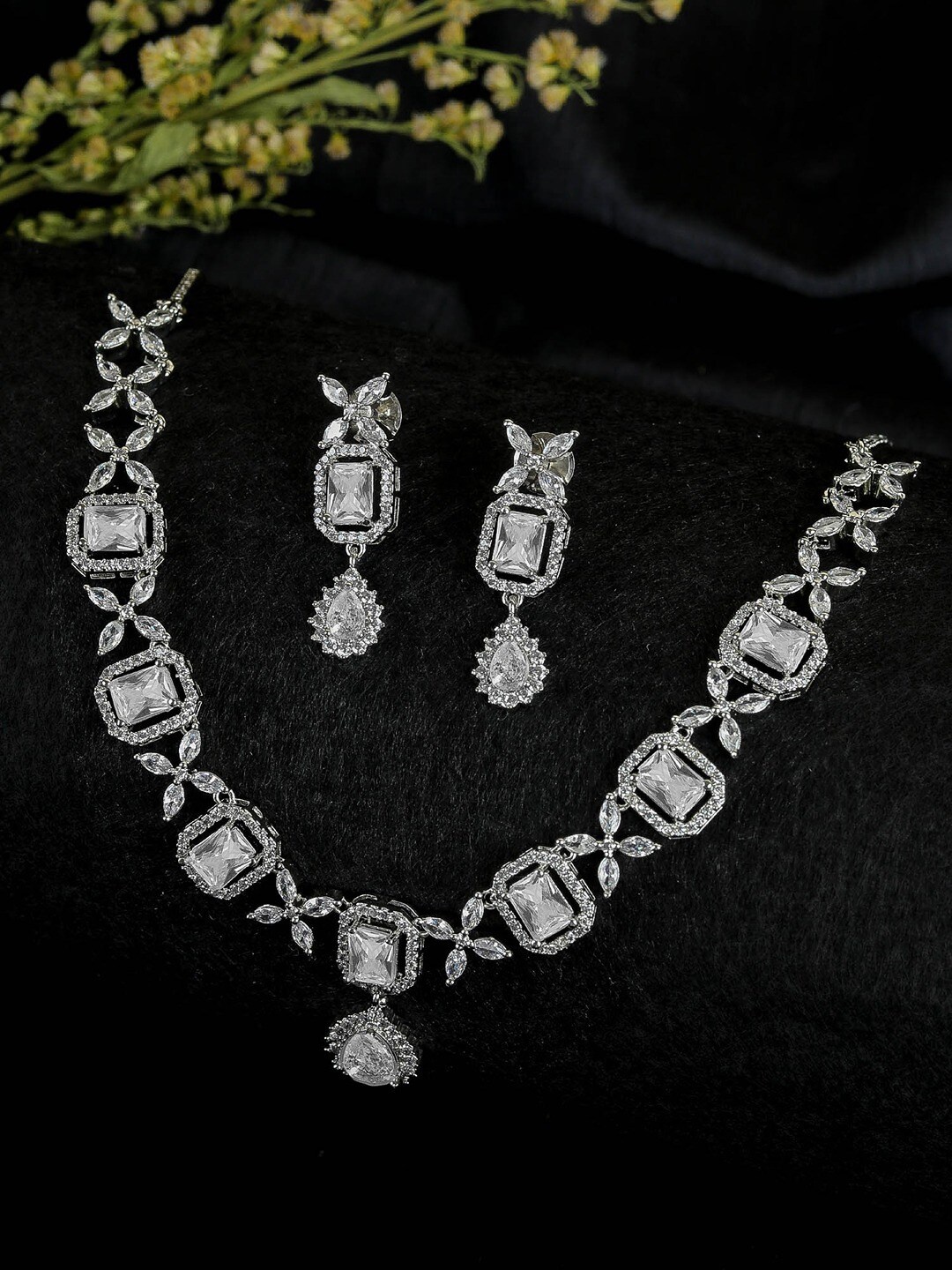 

SwaDev Women Silver-Plated AD Studded Necklace and Earrings, White