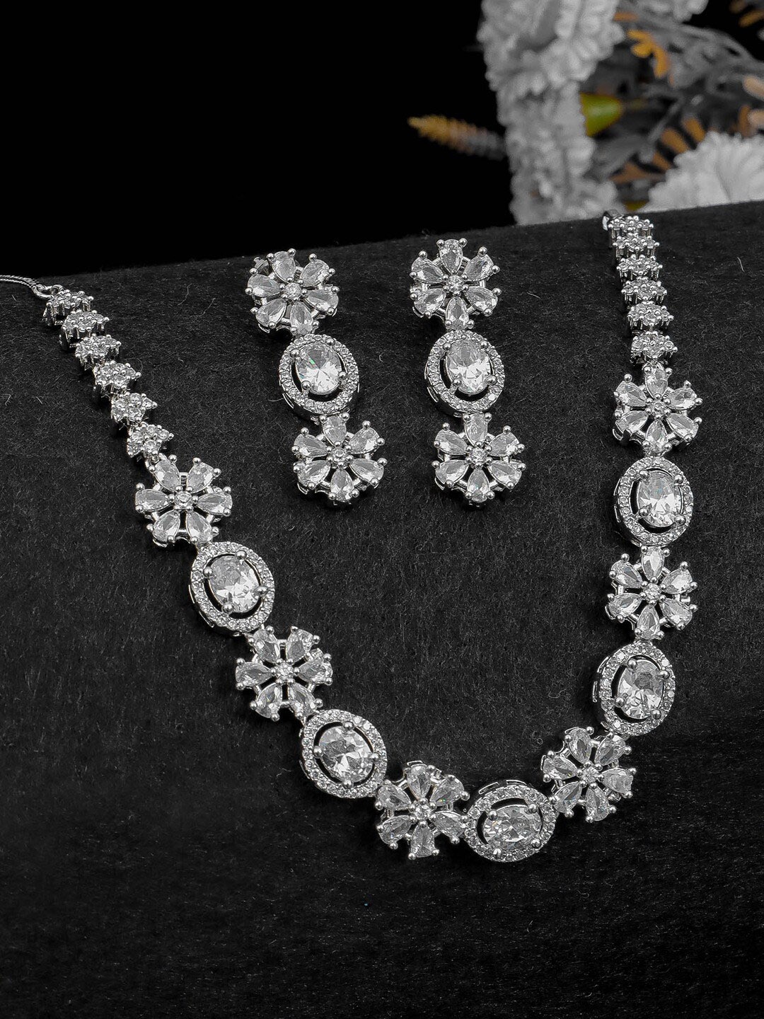 

SwaDev Women Silver-Plated AD-Studded Necklace and Earrings, White