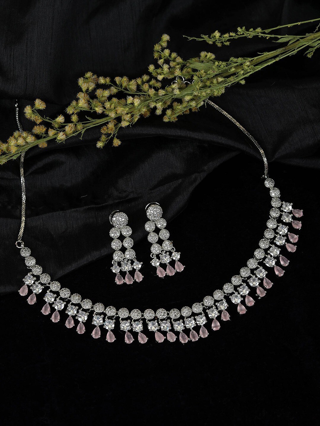 

SwaDev Women Silver-Plated AD Studded Necklace and Earrings, Pink