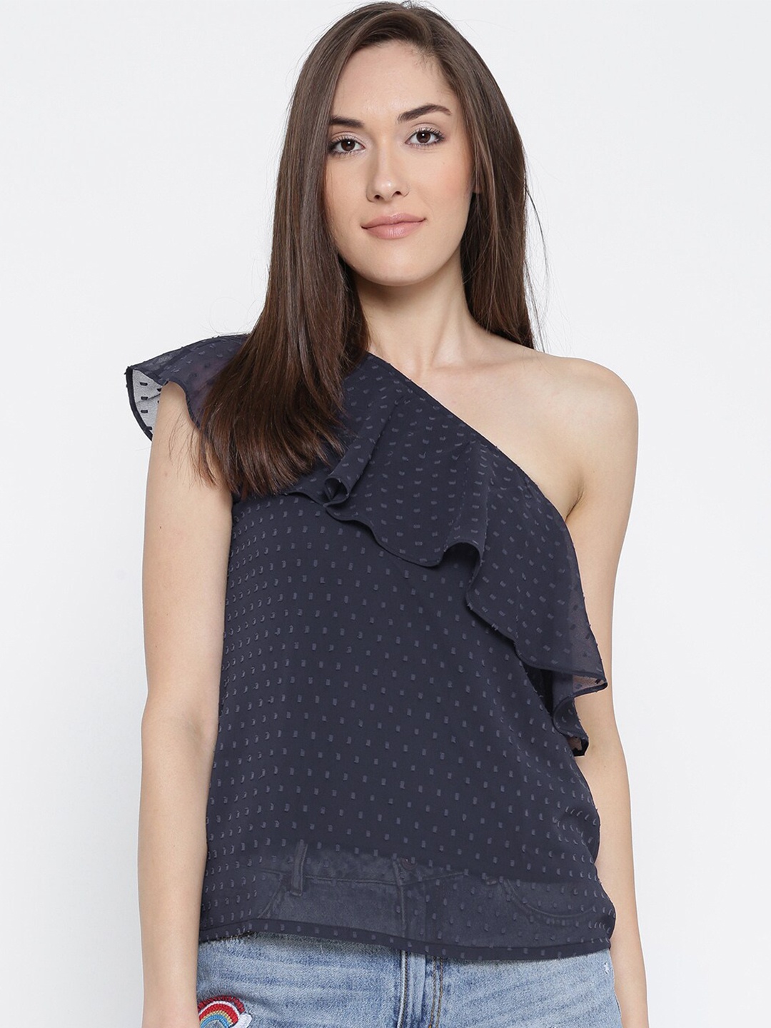 

Sera Navy One Shoulder Ruffle Top, Navy blue