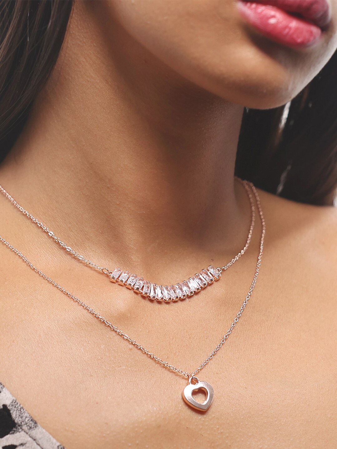 

Ayesha Women Rose Gold-Plated Rhinestone & Heart Pendants Layered Necklace, White