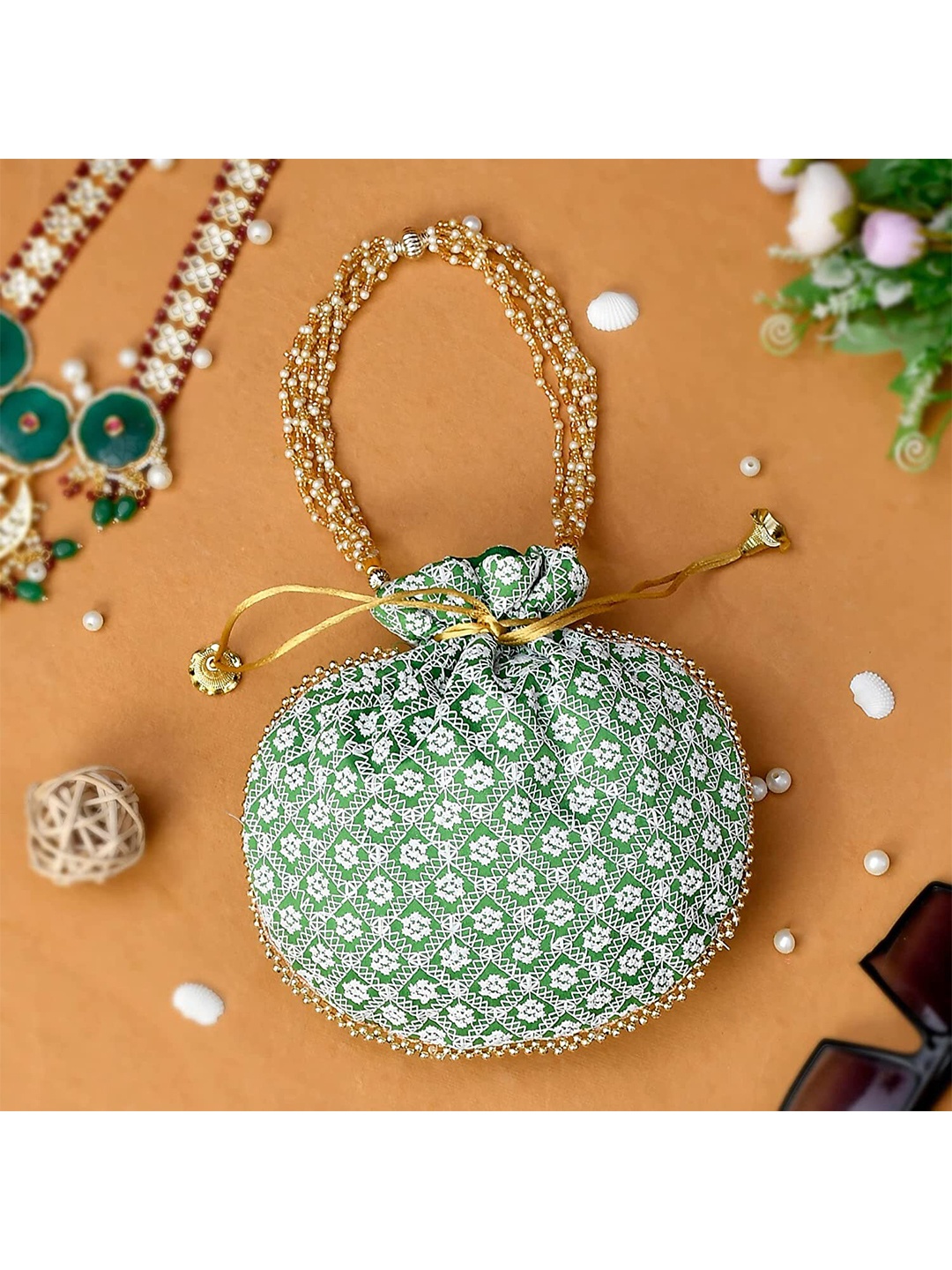 

Perpetual Women Embroidered Potli Clutch, Green