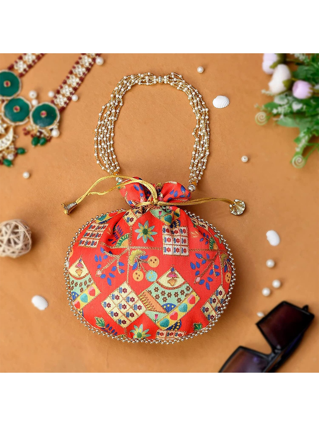 

Perpetual Women Printed Embroidered Potli Clutch, Red