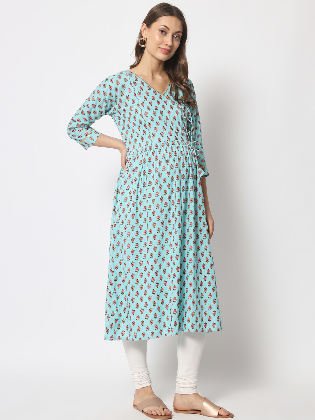 

Aujjessa Women Ethnic Motifs Printed Maternity Kurta, Turquoise blue