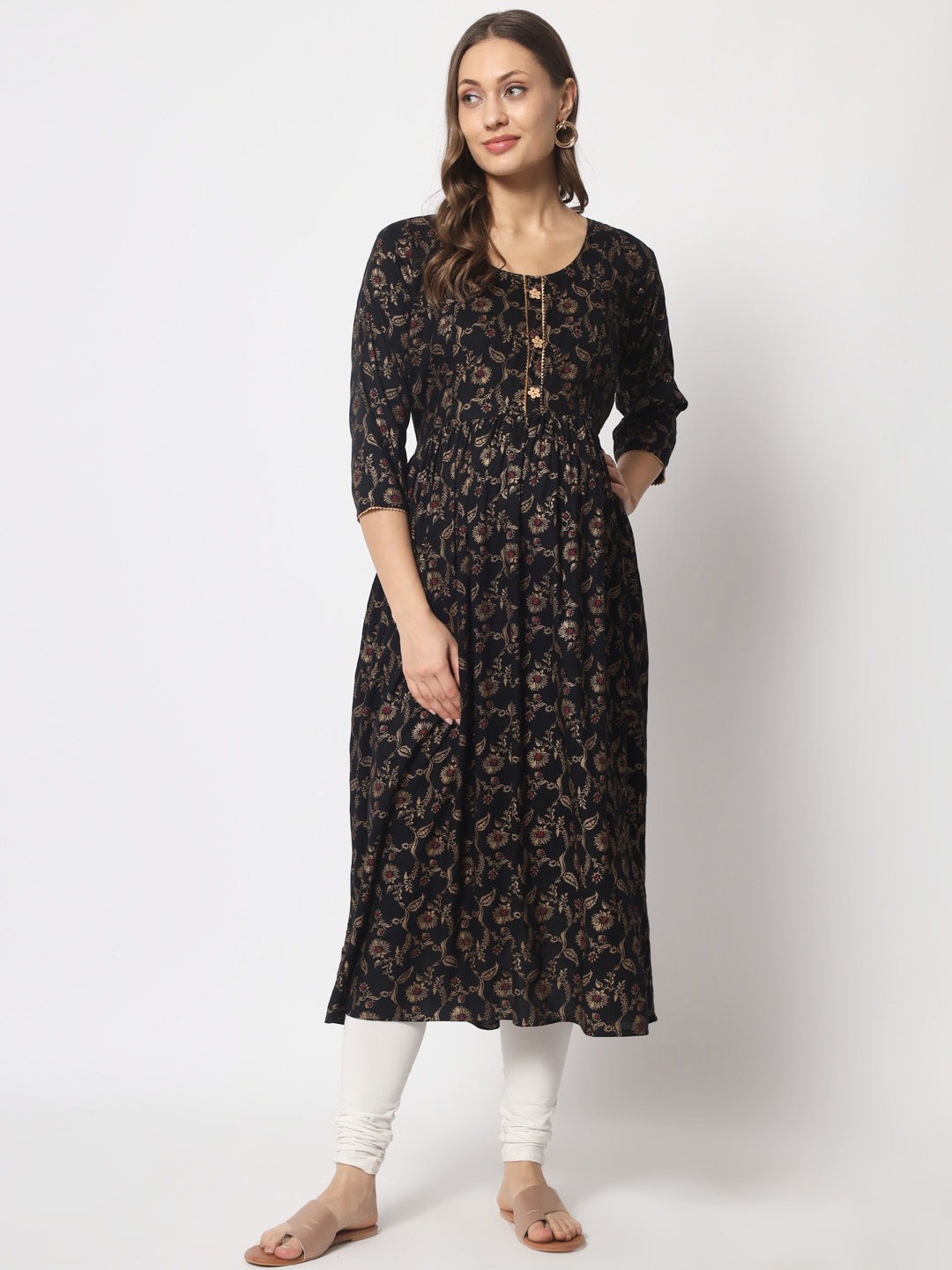 

Aujjessa Women Floral Printed Thread Work Maternity Kurta, Black
