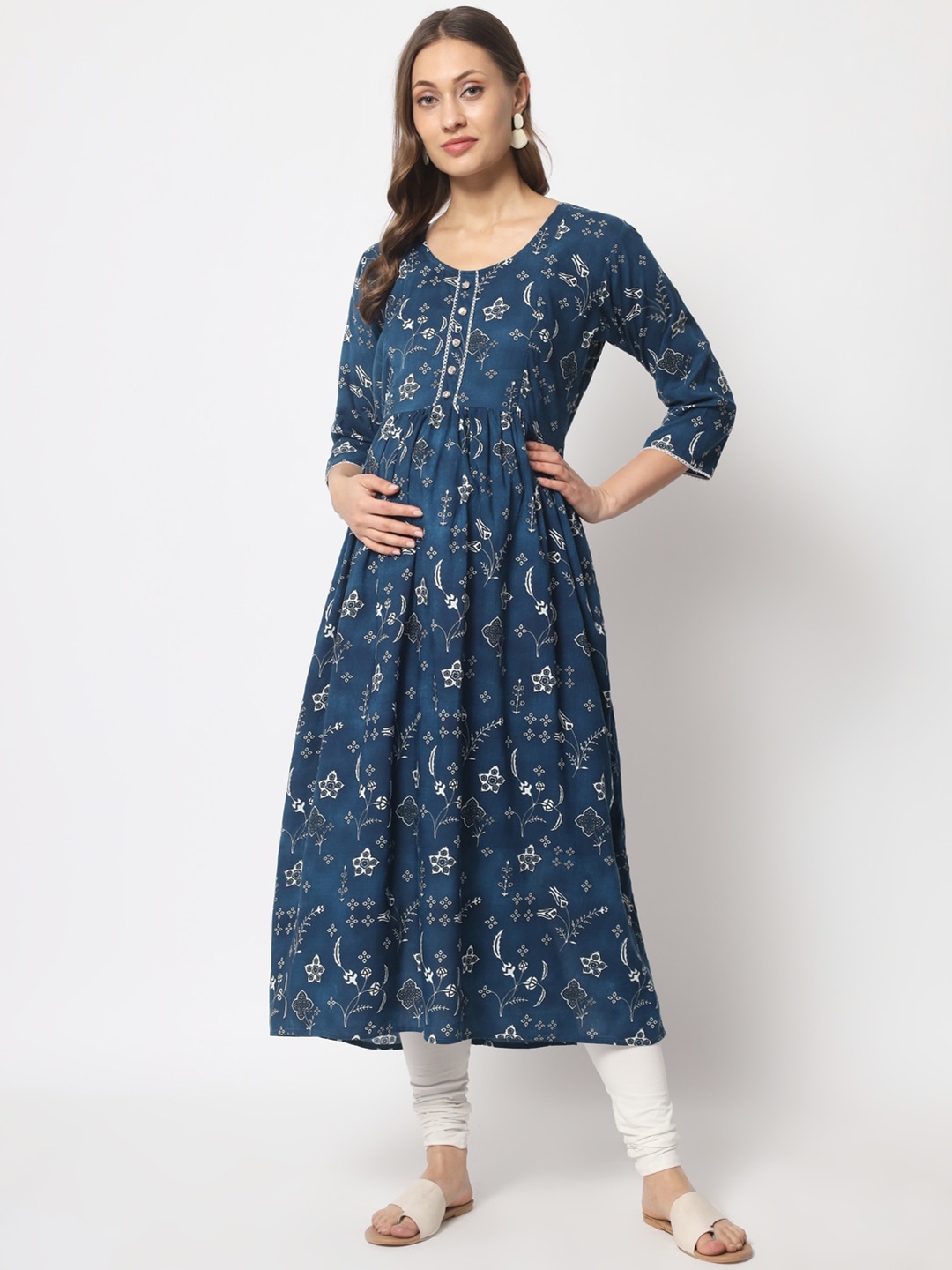 

Aujjessa Women Ethnic Motifs Printed Maternity Kurta, Navy blue
