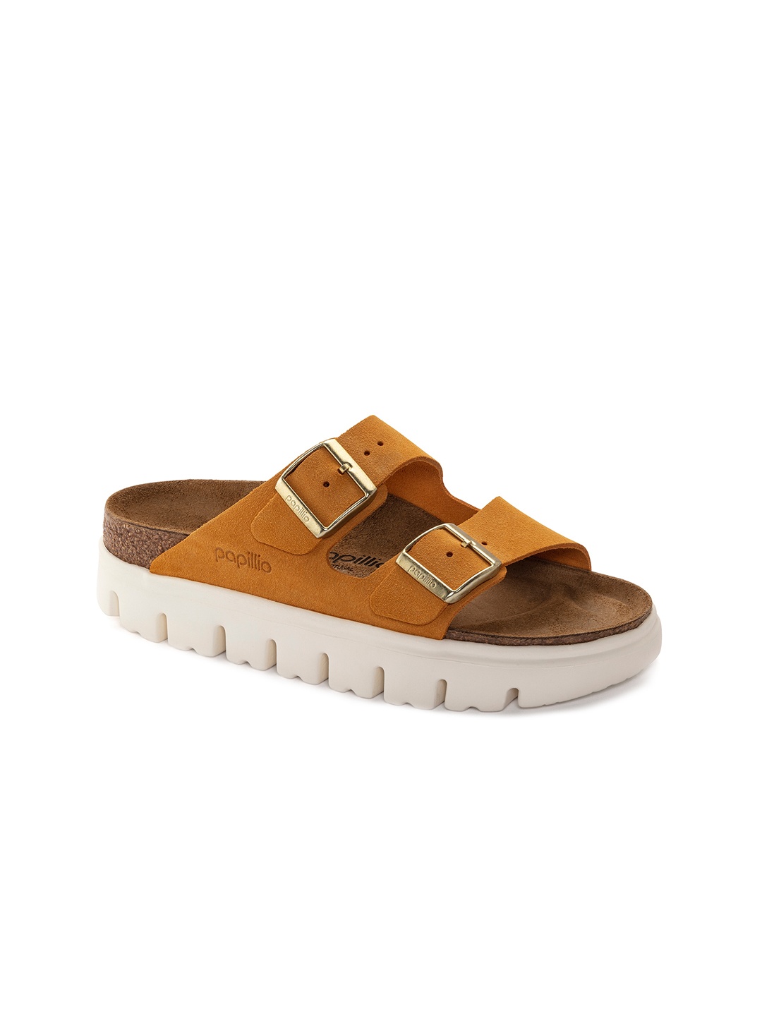 

Birkenstock Arizona Chunky Apricot Narrow Width Suede Leather Two-Strap Sandals, Mustard