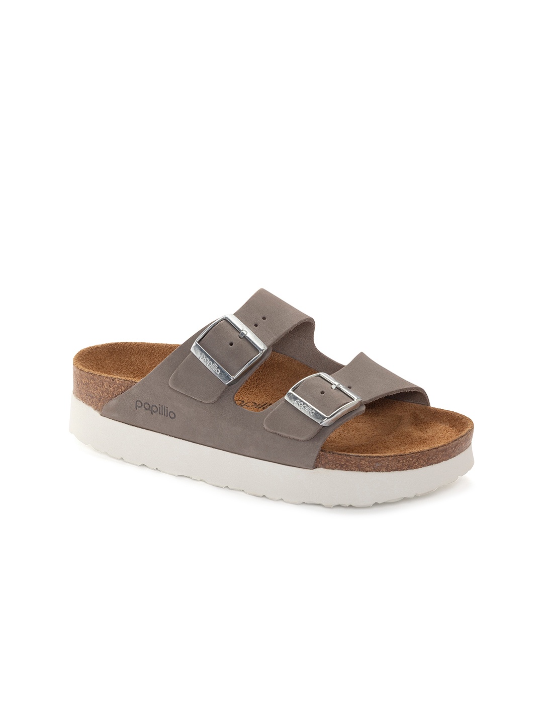 

Birkenstock Arizona Platform Dove Gray Narrow Width Nubuck Leather Two-Strap Sandals, Grey