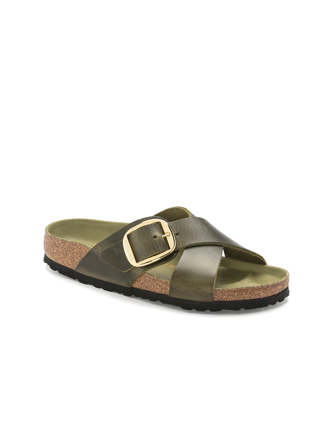 

Birkenstock Women Siena Big Buckle Regular Width Nubuck Leather Open Toe Flats, Olive