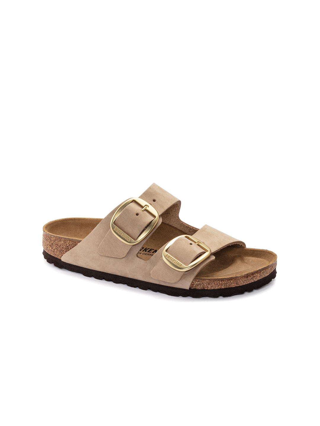 

Birkenstock Arizona Big Buckle Sandcastle Narrow Width Nubuck Leather Two-Strap Sandals, Beige