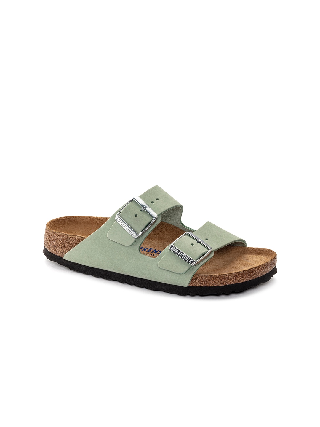 

Birkenstock Women Arizona Soft Footbed Narrow Width Nubuck Leather Open Toe Flats, Sea green