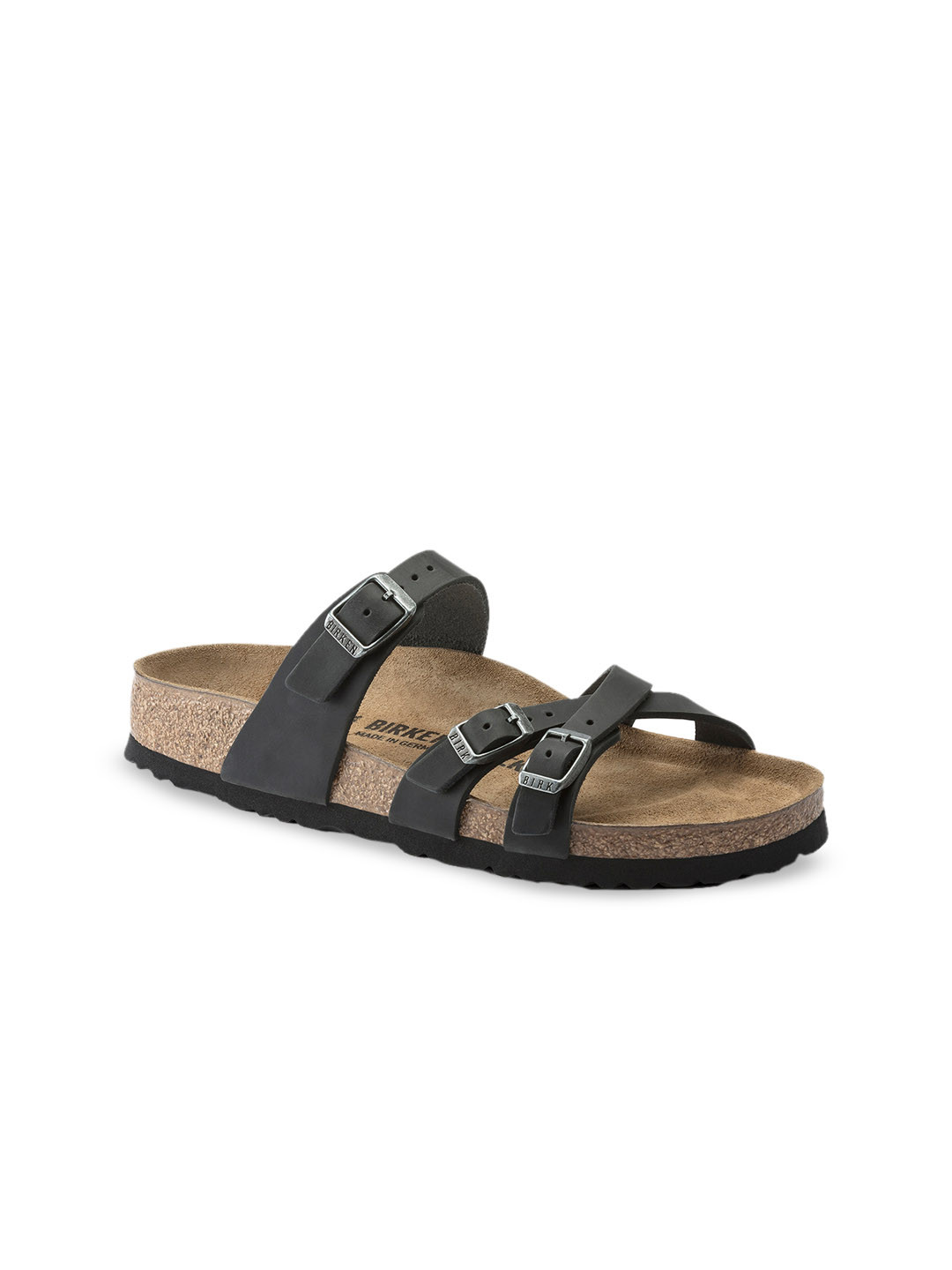 

Birkenstock Franca Black Narrow Width Oiled Leather Multi-Strap Sandals
