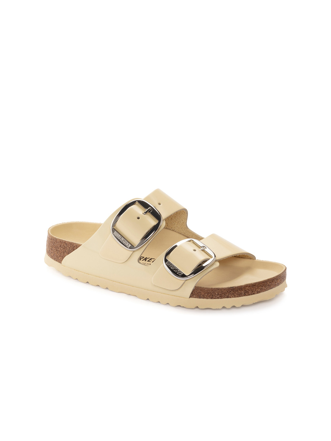 

Birkenstock Arizona Buckle High Shine Butter Narrow Width Two-Strap Sandals, Cream
