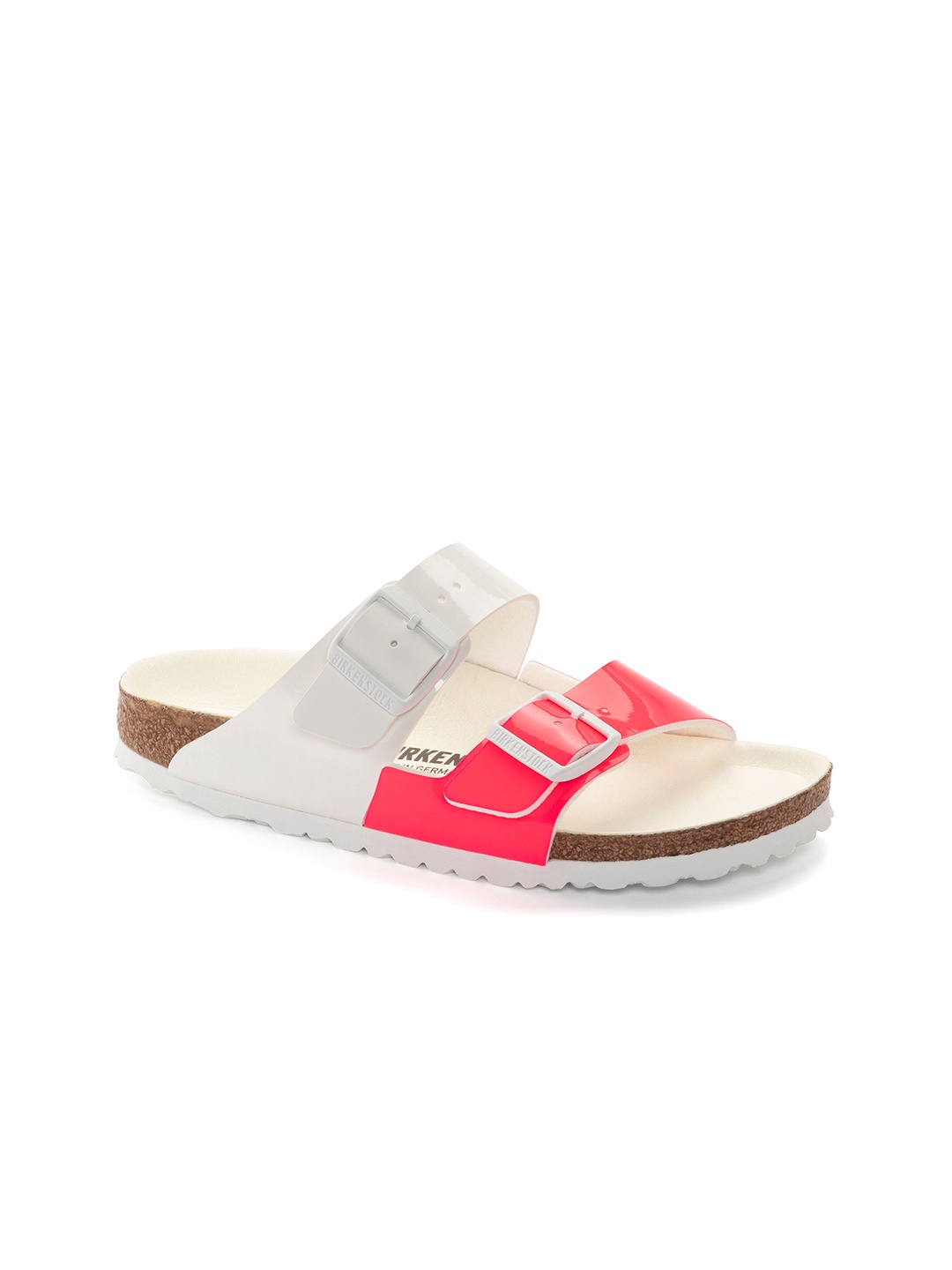 

Birkenstock Arizona Split Neon Pink/White Patent Narrow Width Patent Two-Strap Sandals, Red